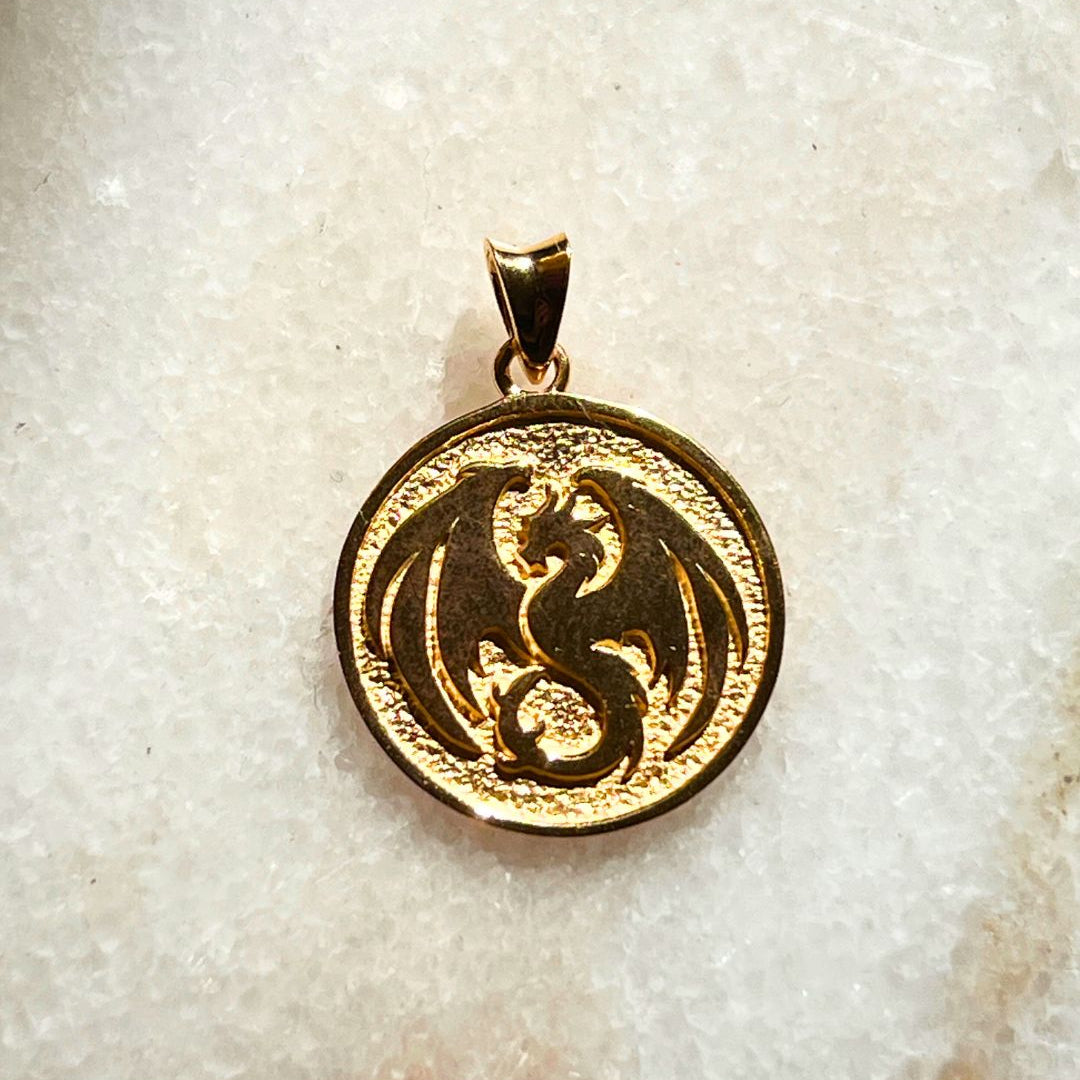 medra pendragon pendant in gold. dragon pendant in 24kt gold vermeil.