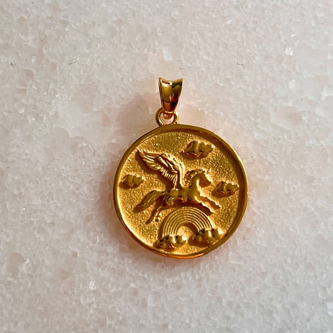 pegasass pendant with a pegasus flying through a rainbow in 24kt gold vermeil.
