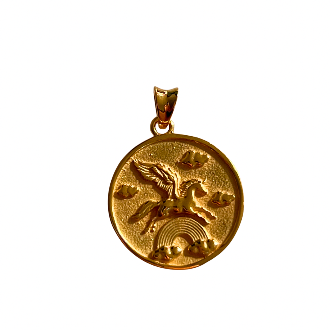 pegasass pendant with pegasus flying through a rainbow in 24kt gold vermeil.