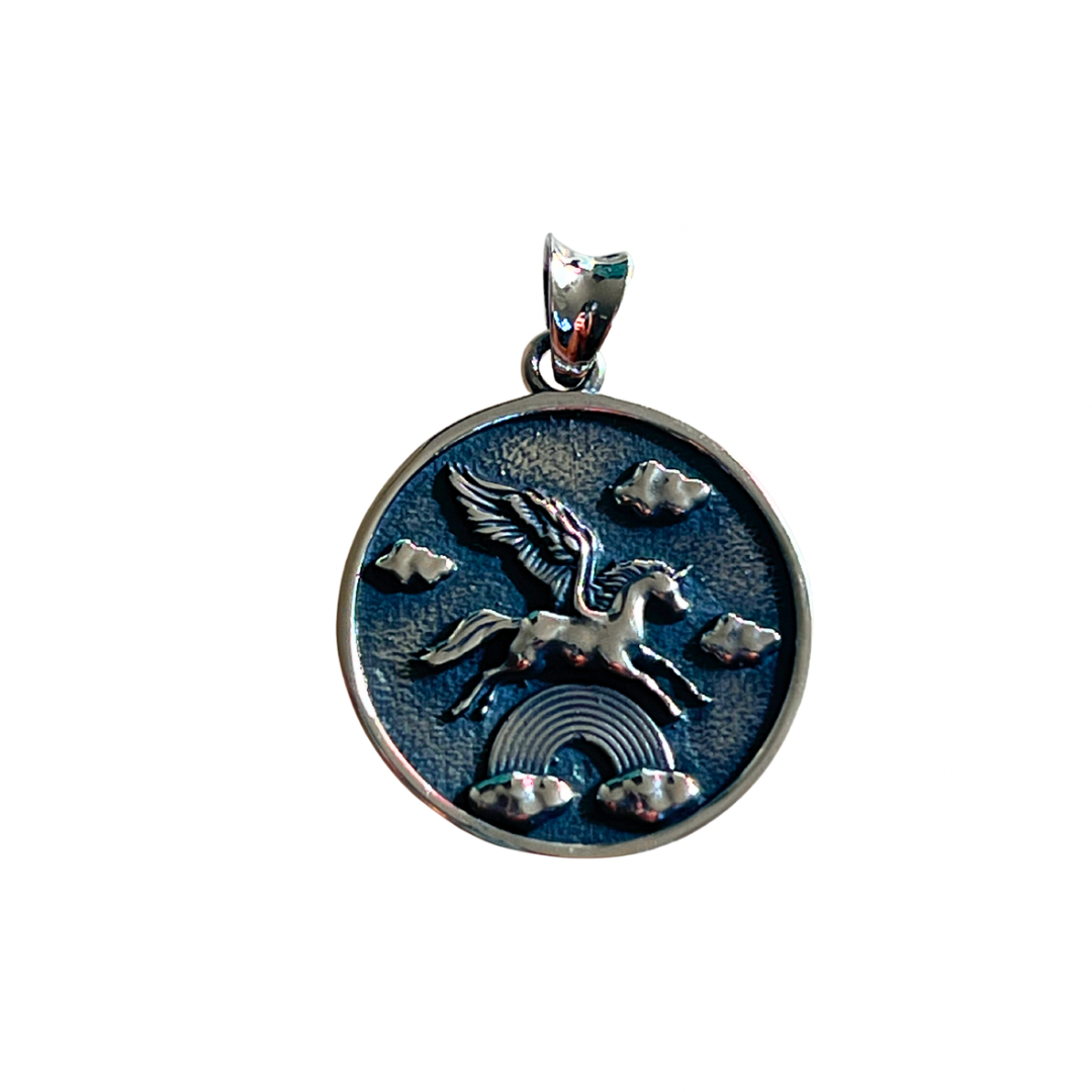 pegasass pendant with a pegasus flying through a rainbow in 925 silver.