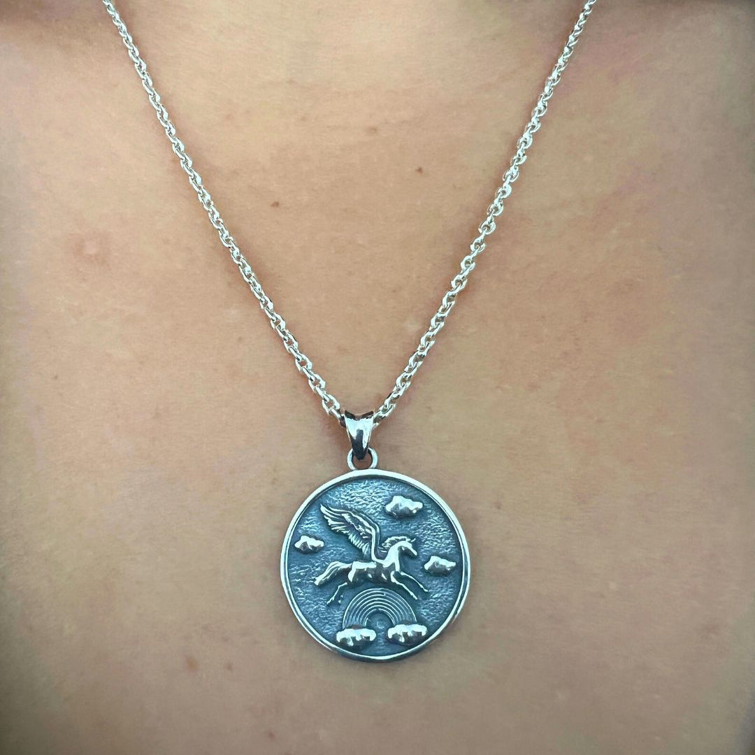 pegasass pendant with pegasus flying through a rainbow in oxidised 925 silver.
