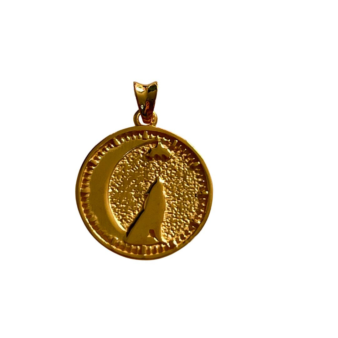 seth on the moon pendant with a wolf and bat on a crescent moon in 24kt gold vermeil. 