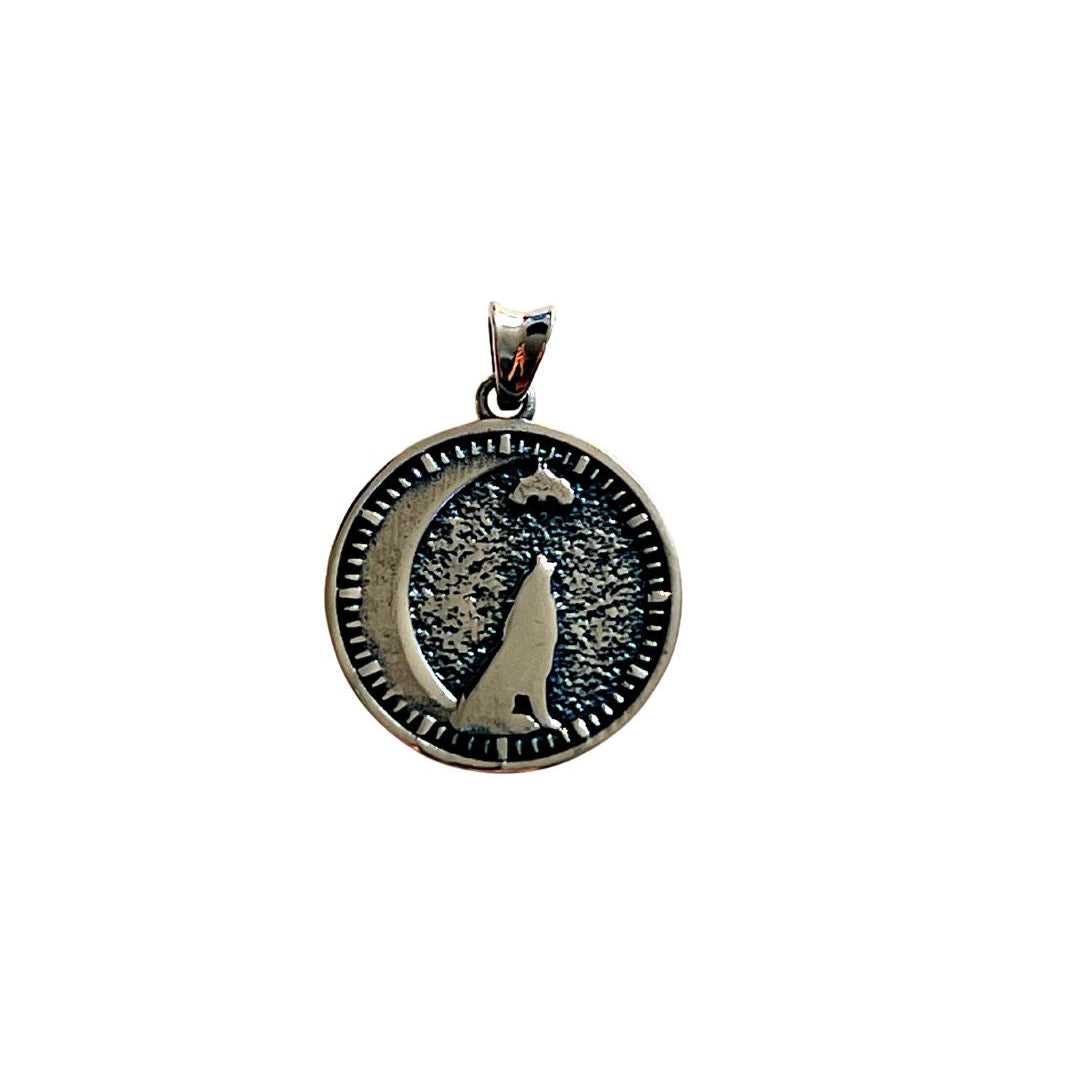 seth on the moon pendant with a wolf and bat on a crescent moon in 925 silver. 
